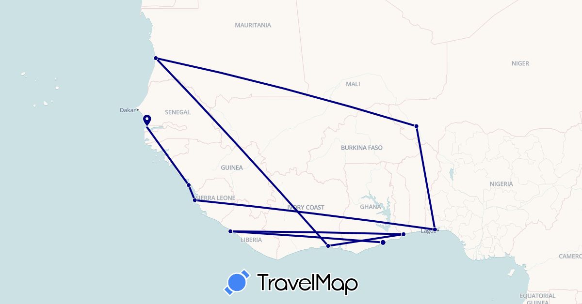 TravelMap itinerary: driving in Côte d'Ivoire, Ghana, Gambia, Guinea, Liberia, Mauritania, Niger, Nigeria, Sierra Leone, Togo (Africa)